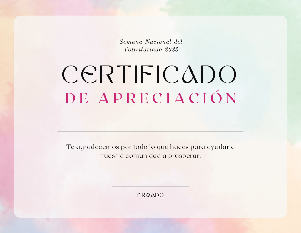 Certificado de apreciación para voluntarios en español