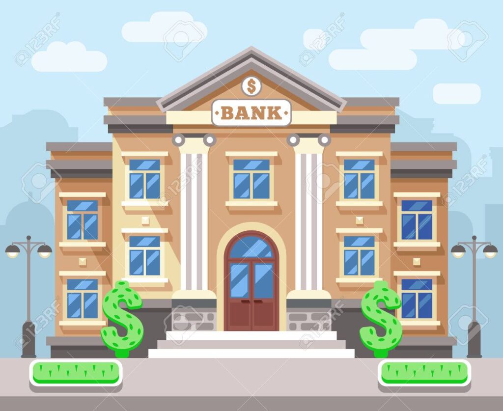 Bank building with cityscape. Business and finance flat vector concept Bank building with cityscape. Business and finance flat vector concept. Business bank, architecture bank, financial building bank, institution bank illustration