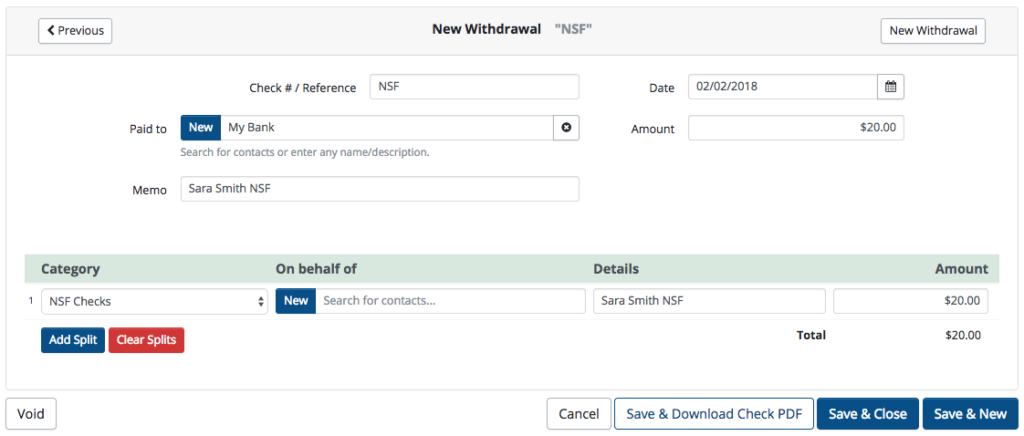 NSF/Returned Checks - MoneyMinder