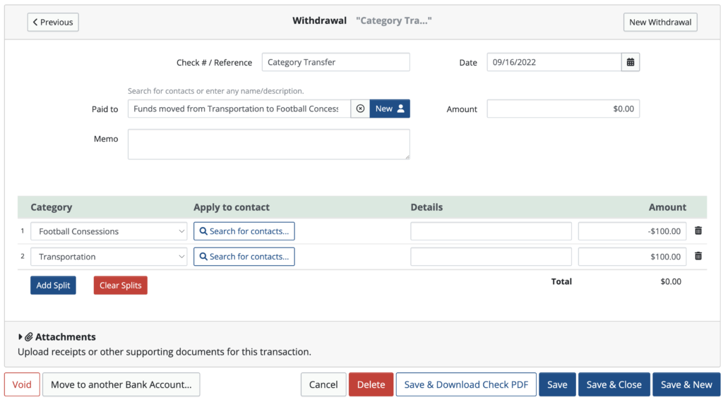 Transferring money between budget categories - MoneyMinder