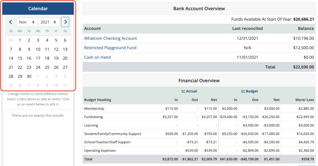 Calendar Events MoneyMinder