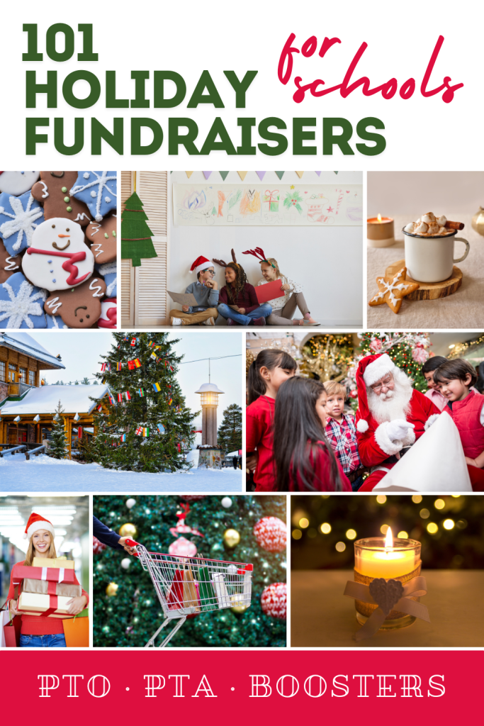 Collage of school holiday fundraising ideas for groups like PTO, PTA and Booster Club.