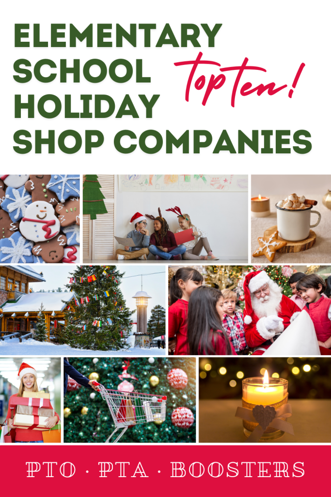 Collage of holiday shop ideas for elementary schools. Santa shop and more.