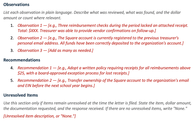 Observations, Recommendations, Unresolved
